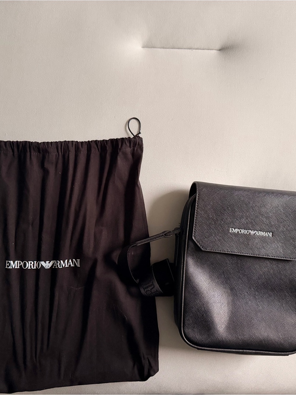 Emporio Armani Black Leather Messenger Crossbody Bag